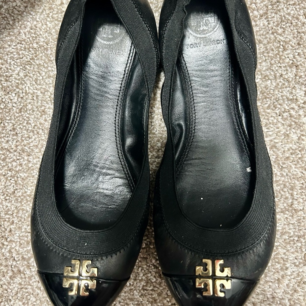 Tory Burch Black Flats with Gold Logo